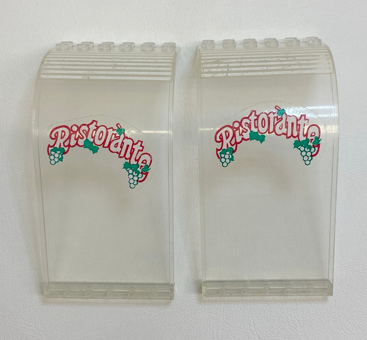 LEGO Curved Top 6x6x9 Pack of 2 Trans Clear with "Ristorante" Pattern