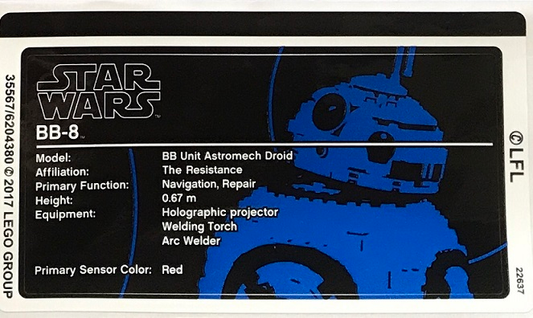 LEGO Star Wars BRAND NEW BB-8 Sticker From Set #75187