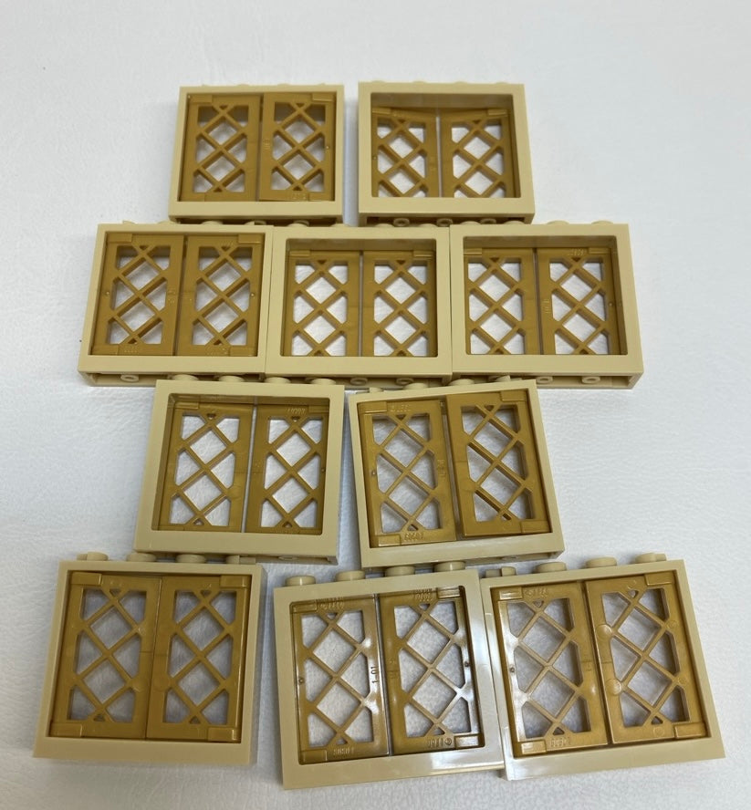 LEGO Window Fun Pack of 10 Tan Frames with Pearl Gold Lattice Shutters