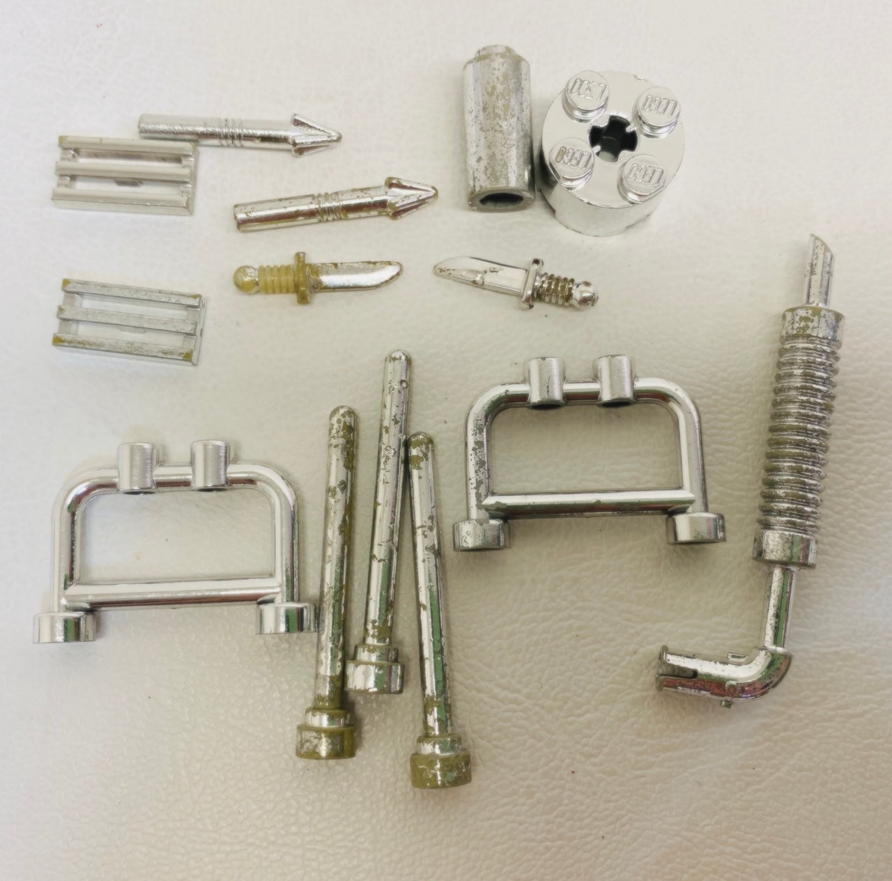 LEGO Chrome Silver Mixed Fun Pack Harpoons / Knives / Round Bricks / Exhaust Pipe / Bar / Grille Tiles