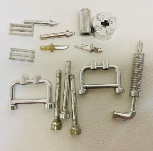LEGO Chrome Silver Mixed Fun Pack Harpoons / Knives / Round Bricks / Exhaust Pipe / Bar / Grille Tiles