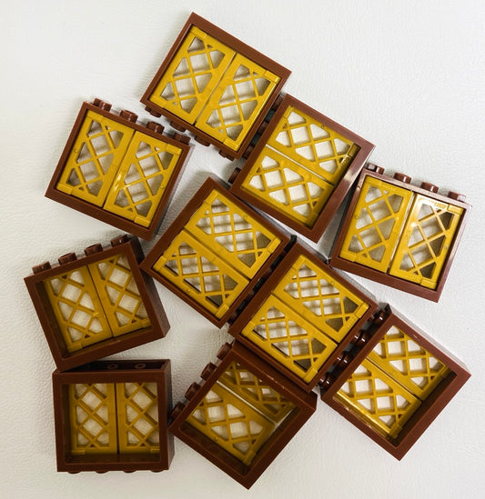 LEGO Window Fun Pack of 10 Reddish Brown Frames with Pearl Gold Lattice Shutters