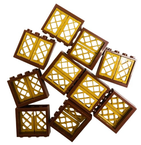 LEGO Window Fun Pack of 10 Reddish Brown Frames with Pearl Gold Lattice Shutters